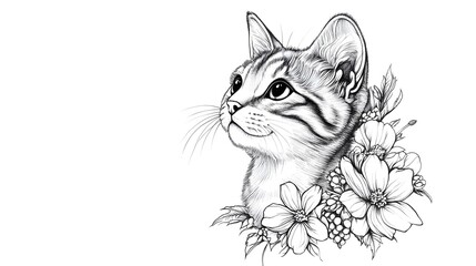 Obraz premium Tattoo design: a cute cat head with flowers around it, in black and white ink on paper, against a white background