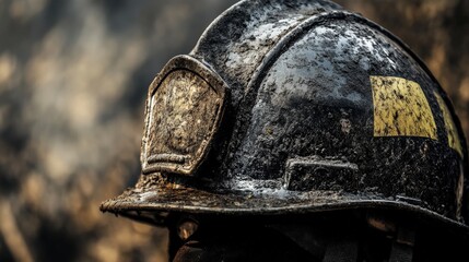 A close-up of a firefighter's helmet, covered in soot and scratches, symbolizing the bravery
