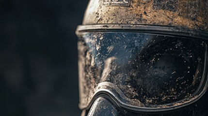 A close-up of a firefighter's helmet, covered in soot and scratches, symbolizing the bravery