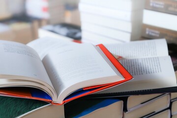 stack of books on the table. open book