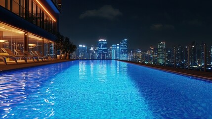 Illuminated Swimming Pool at Night with City Lights in the Distance . 