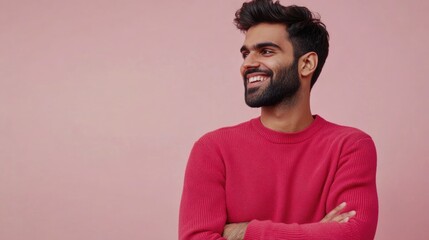 Obraz premium A person wearing a pink sweater and beard, suitable for use in illustrations or as a character reference