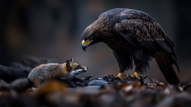 A golden eagle stares down a red fox in a forest setting.