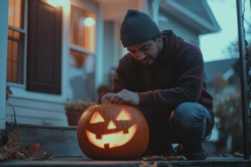 Young man carving a smiling jack-o-lantern on a porch for Halloween, with a cozy evening ambiance and warm lights in the background.