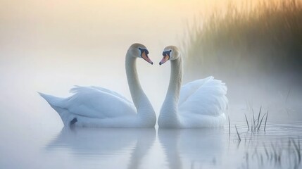 Two elegant swans gracefully face each other in a misty, serene landscape.