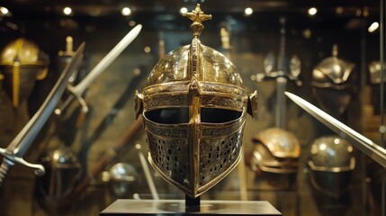 A medieval helmet displayed in a museum with swords