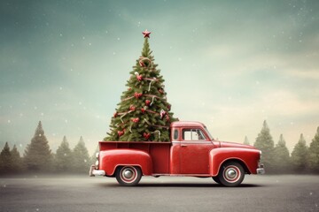 Little Red Vintage Car Carrying A Christmas Tree christmas tree vehicle.