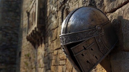 A medieval helmet with a visor lifted, showing detailed craftsmanship