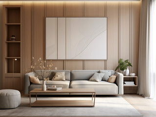 Living room interior in modern and classic styles with wooden panneling and bronze decor. Neutral and light colors interior with wooden wall panels.
