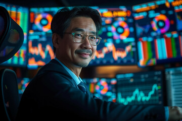 Fototapeta premium Confident Asian Businessman Monitoring Financial Markets on Multiple Computer Screens in a Modern Office