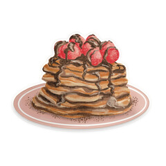 Hand Drawn Watercolor Pancakes with Chocolate and Berries