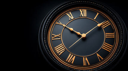 wall clock isolated on black background. copy space