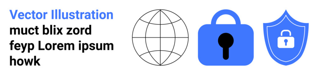 Globe, padlock, and shield with a lock in blue emphasized on protection and worldwide connectivity. Ideal for security, privacy, internet safety, global communication, and data protection. Banner