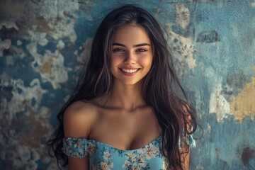 Naklejka premium A beautiful young woman poses in a blue dress, perfect for editorial or advertising use