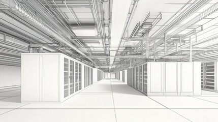 detailed architectural design of data center featuring server rooms, showcasing complex network of pipes and electrical systems. layout emphasizes functionality and organization