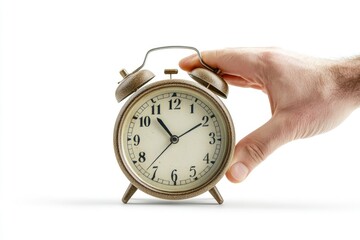 A person's hand holding an alarm clock against a white background, suitable for use in time management or productivity-themed designs