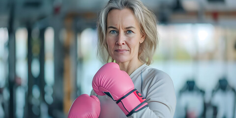 Serious senior woman in pink boxing gloves standing confidently at gym, representing strength, resilience, active aging, perfect for promoting fitness, empowerment, healthy lifestyle for older adults