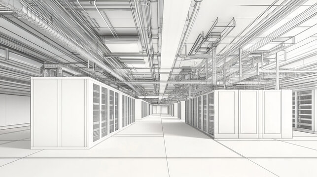 detailed architectural design of data center featuring server rooms, showcasing complex network of pipes and electrical systems. layout emphasizes functionality and organization