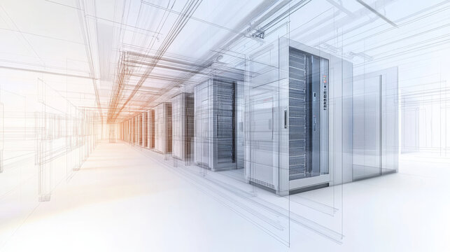 modern architectural design of data center featuring server rooms, showcasing sleek and organized layout with advanced technology. image conveys sense of innovation and efficiency