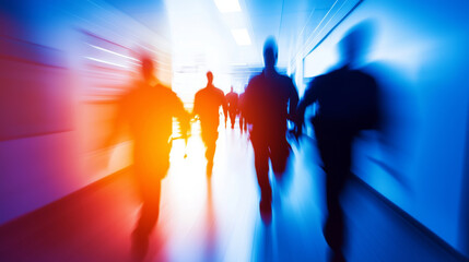 Blurred motion of officers and detectives moving quickly through corridor, creating sense of urgency and action. vibrant colors enhance dynamic atmosphere