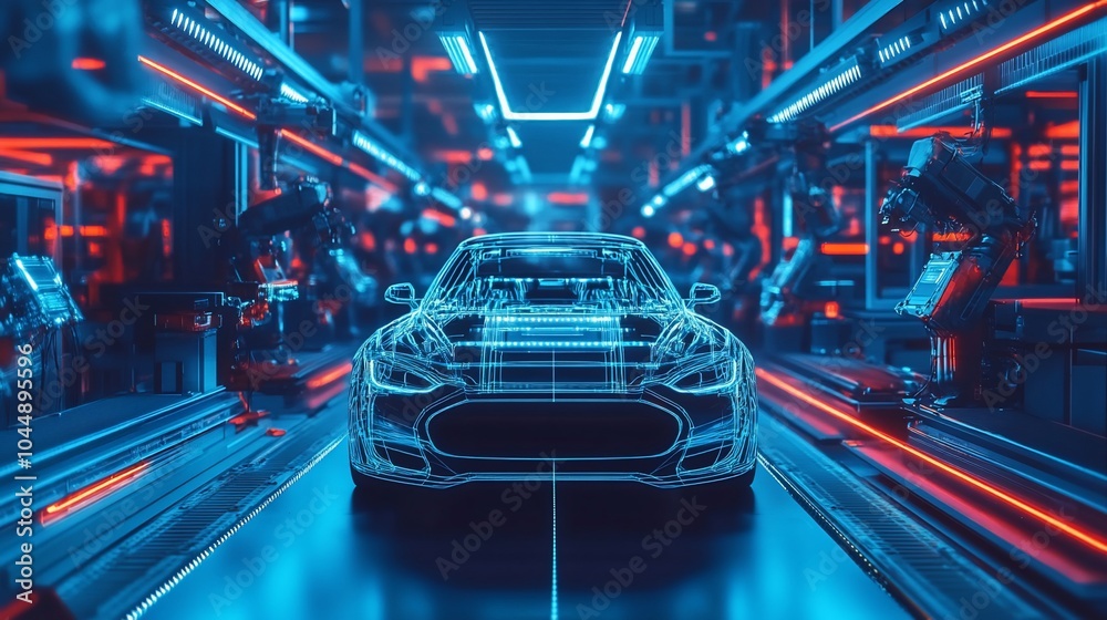 Poster a car is being assembled on a futuristic assembly line with robotic arms. the car is transparent and