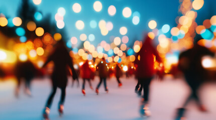 Obraz premium Blurry motion of people skating on outdoor ice rink creates vibrant and festive atmosphere. colorful lights add to joyful ambiance of winter activities