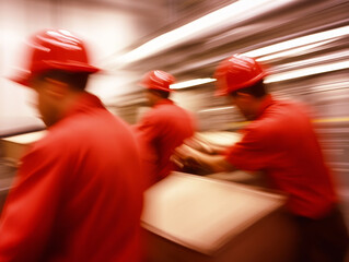 Efficient factory workers in red uniforms operate machinery while moving quickly, showcasing teamwork and productivity in dynamic industrial environment