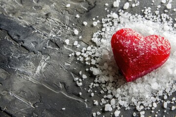 Obraz premium A small red heart sits atop a pile of white sugar, ideal for use in food-related or Valentine's Day-themed illustrations