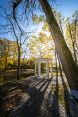 A white gazebo is in the middle of a forest
