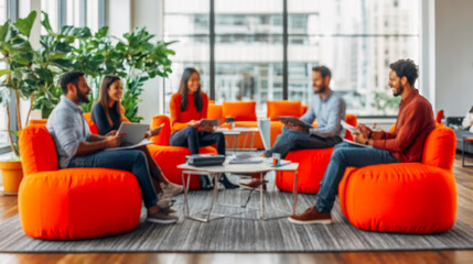 Collaborative office environment with diverse team in modern workspace