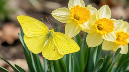 Obraz premium Bright Yellow Butterfly on Daffodil Flowers