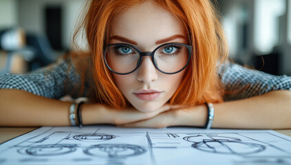 Portrait beautiful red haired girl with glasses in office. Young female student smiling desk with paper, computer. Happy professional businesswoman looking. Creative designer indoor.