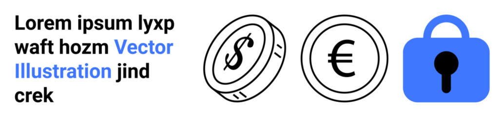 Two coin symbols representing dollar and euro alongside a blue padlock symbol. Ideal for finance, security, currency, technology, and digital economy. Banner for landing page