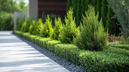 A concrete pathway lined with a neatly trimmed hedge and small evergreen trees in a manicured garden.