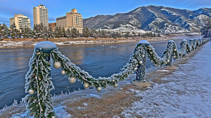 Obraz premium Frosty holiday decorations along riverside with snow-covered mountains in background