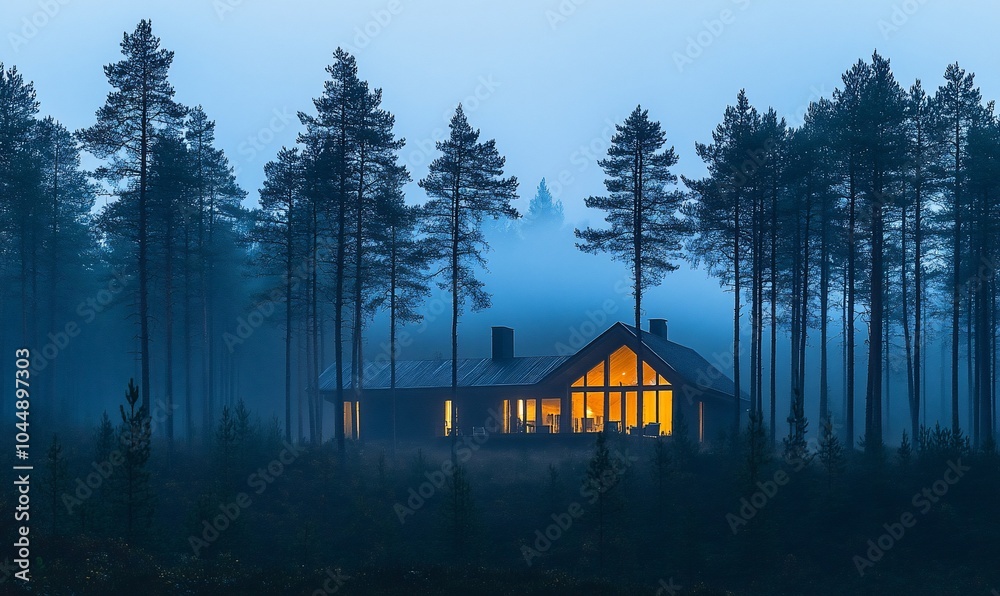 Poster a cozy cabin with warm lights glows through the fog in a dark, mysterious forest at twilight.