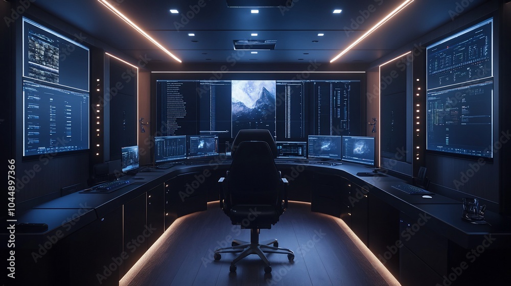 Aufkleber A dark, modern office with multiple computer monitors displaying data and a large screen showing a mountain range, all illuminated by orange lights.