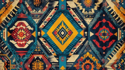 Fototapeta premium A vibrant area rug with a geometric design, suitable for interior decoration or as a prop in creative projects