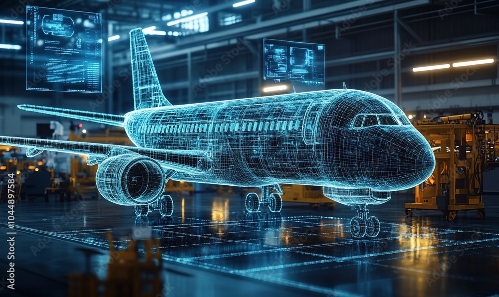 Aufkleber a digital model of an airplane in a factory setting, symbolizing advanced manufacturing and technolo