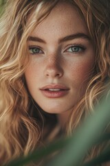 Fototapeta premium A close-up view of a woman's face with distinctive freckles