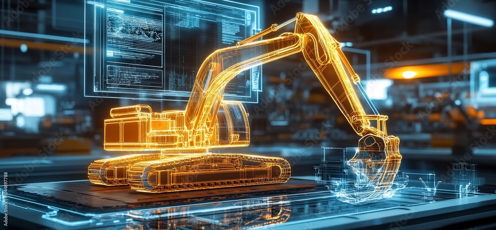 Poster A digital rendering of a construction excavator in a futuristic setting.