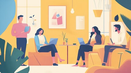 remote business team, diverse remote team members connecting virtually, working on shared business tasks illustrations