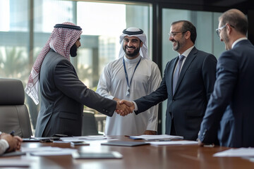 Businessmen shaking hands in a meeting room, a symbol of success and collaboration