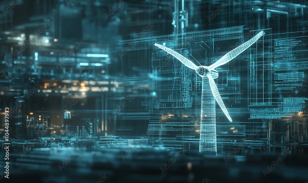 Poster A digital rendering of a wind turbine in a futuristic cityscape, with a grid pattern and glowing lights in the background, representing renewable energy and technology.