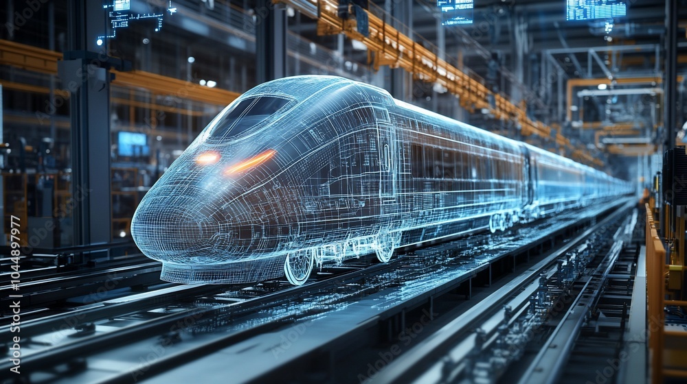 Poster A digital rendering of a high-speed train in a factory setting, highlighting the modern design and technological advancements in the transportation industry.