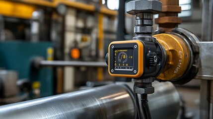A detailed view of a digital pressure sensor attached to a metal pipe in an industrial setting. The sensor’s display shows real-time pressure readings in PSI
