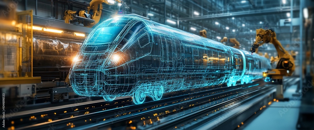 Aufkleber A digital wireframe model of a train is being assembled in a factory by robotic arms.