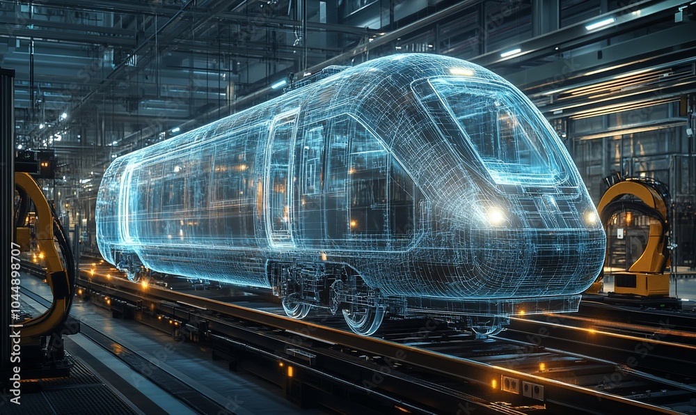Aufkleber A digital wireframe of a high-speed train being assembled in a factory with robotic arms in the background.