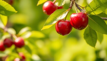 Ripe Cherries Hanging on Branch,