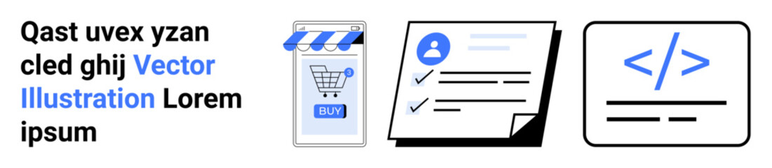 Online store with a shopping cart button, a user profile checklist, and a coding symbol. Ideal for e-commerce, web development, user interface design, technology, digital business. Banner for landing